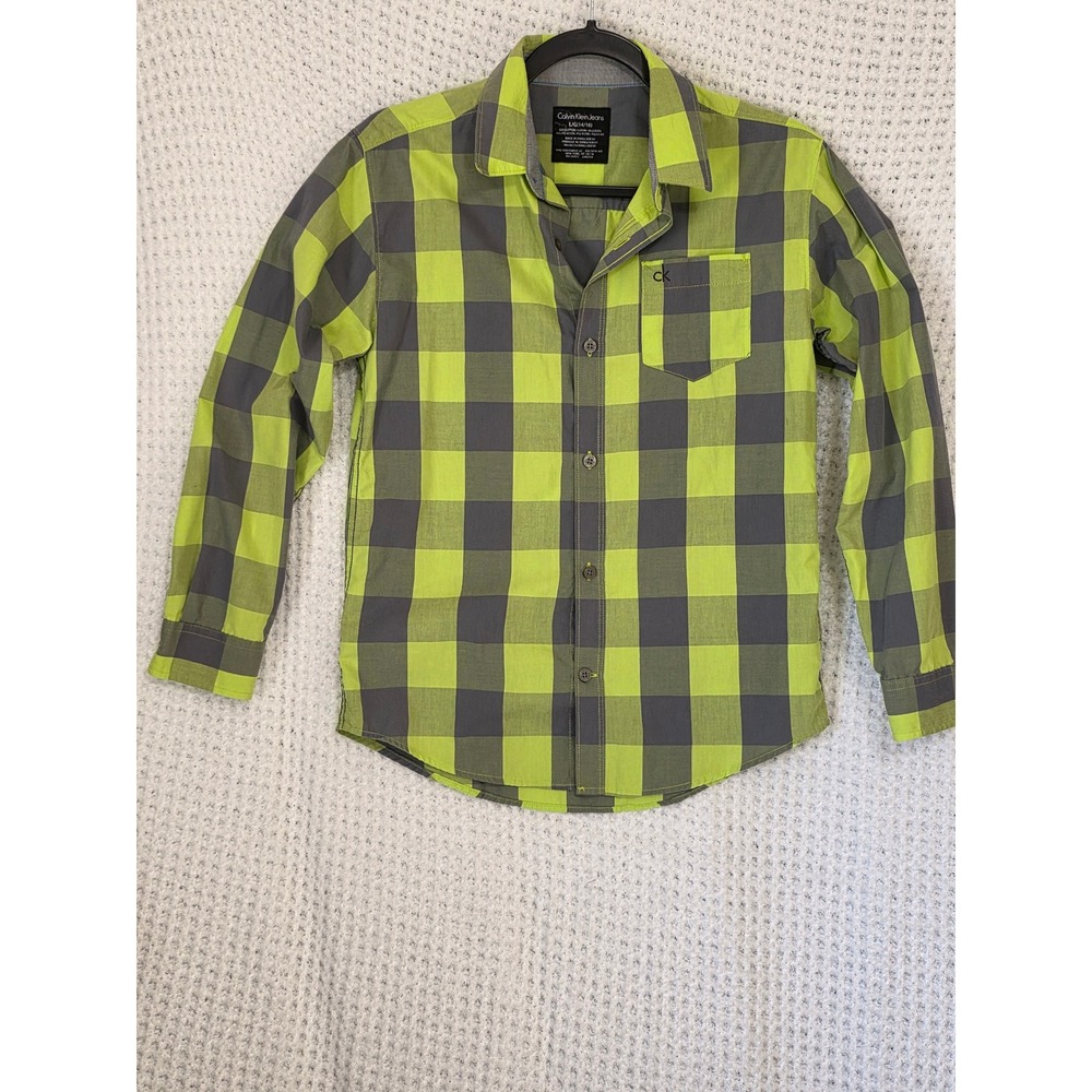 Calvin Klein Jeans Boys L/G‎ 14/16 Green Gray Plaid Button Up Shirt